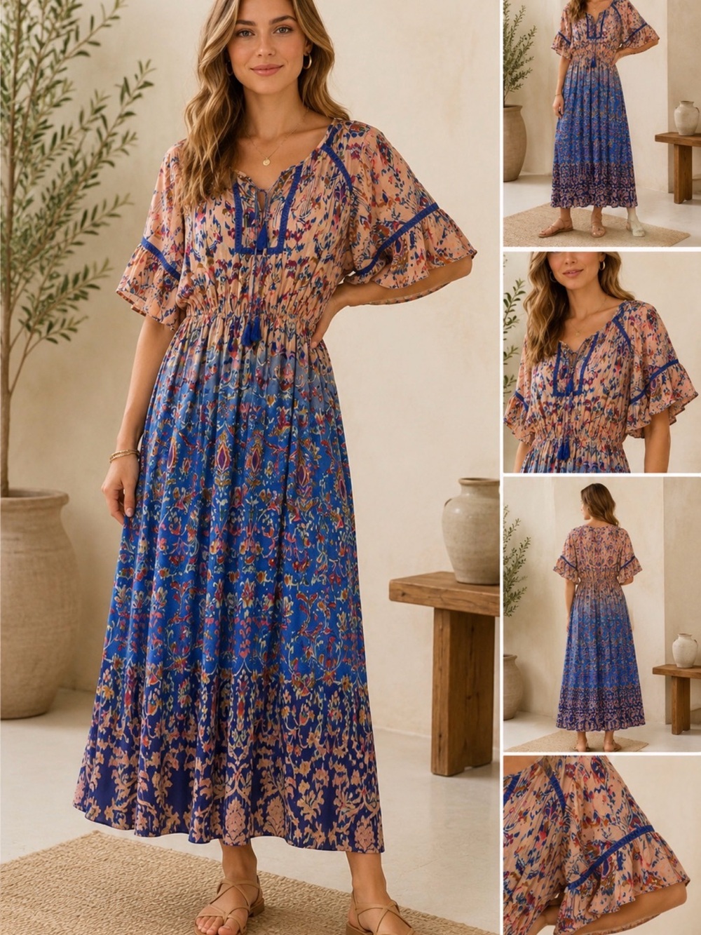 DR2 Blue and Peach Maxi Dress with Floral Print